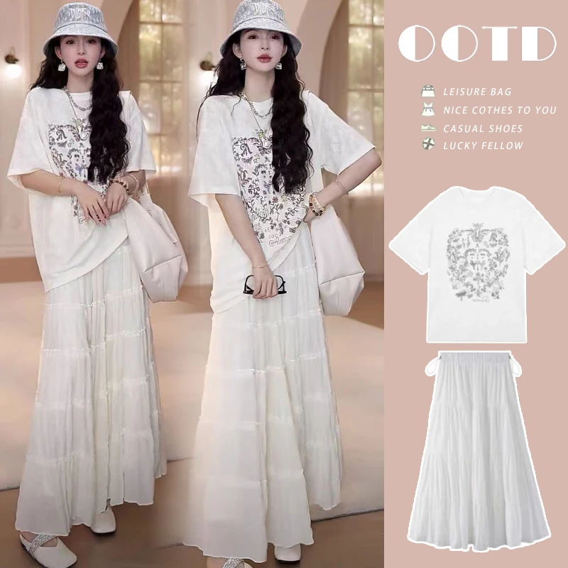孕妇装百搭套装夏季韩版蕾丝提花短袖Tt恤无托腹百搭蛋糕半身长裙