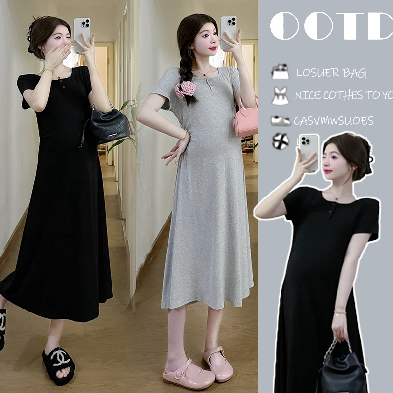 孕妇装夏装纯棉a字裙百搭新款连衣裙中长款短袖t恤高级感小个子裙