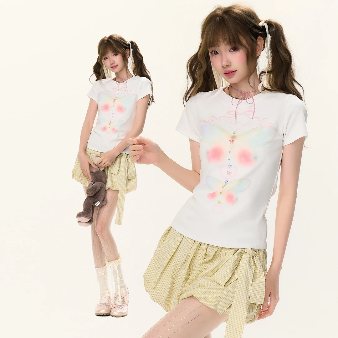 国风公主复古晕染玫瑰T恤蝴蝶少女套装短袖女士印花裤子