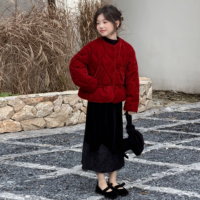 红色中式短款棉服中大童2025冬季新款洋气收腰拜年服丝绒棉外套潮
