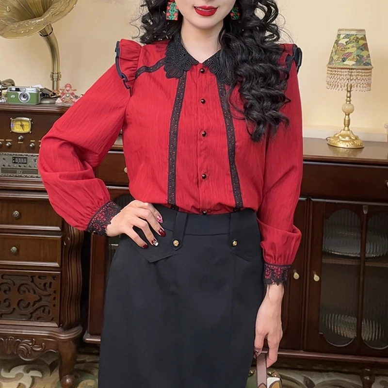 清【港万】复古港风设计感花边领长袖衬衫Y3539