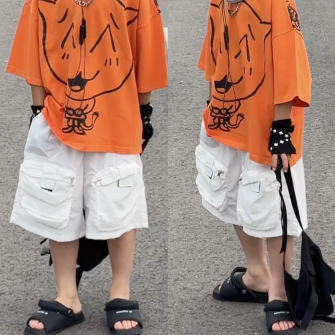 乐乐家儿童欧货潮牌纯白色工装短裤男女童夏季潮流宽松百搭裤子