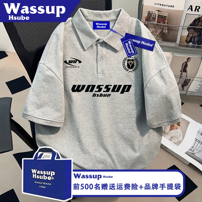 WASSUP HSUBE时尚感纯棉男女款半袖印花T恤ins夏季街头灰色POLO衫