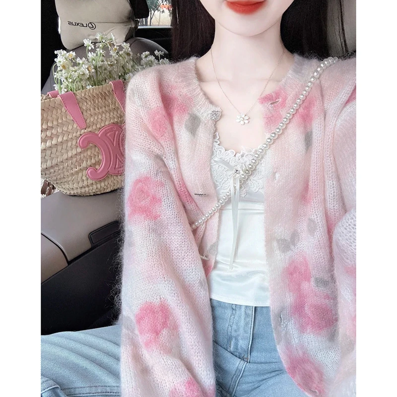 温柔风气质花朵晕染针织开衫女2025秋冬新款甜美减龄独特别致上衣