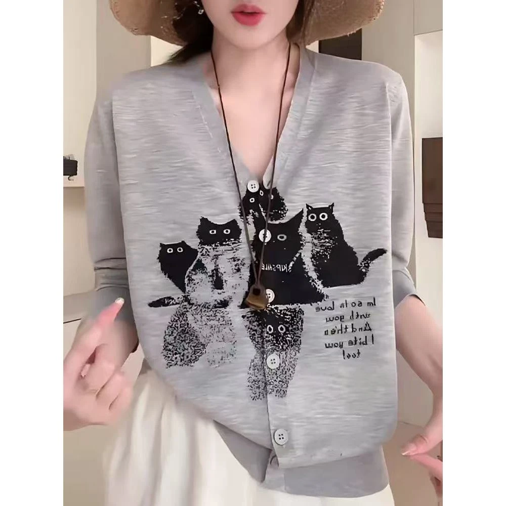 【U014】韩版V领纽扣小猫针织时髦洋气防晒罩衫上衣.