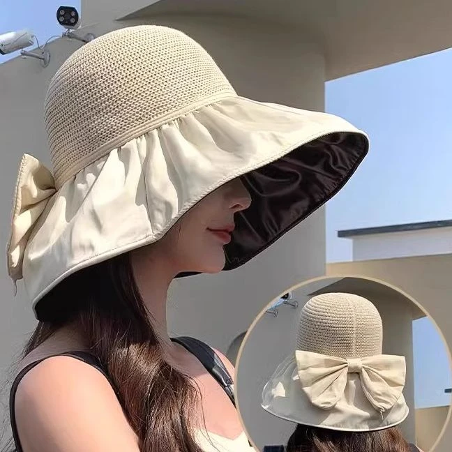 夏季黑胶蝴蝶结遮阳帽女镂空草帽防紫外线大檐遮脸防晒太阳渔夫帽