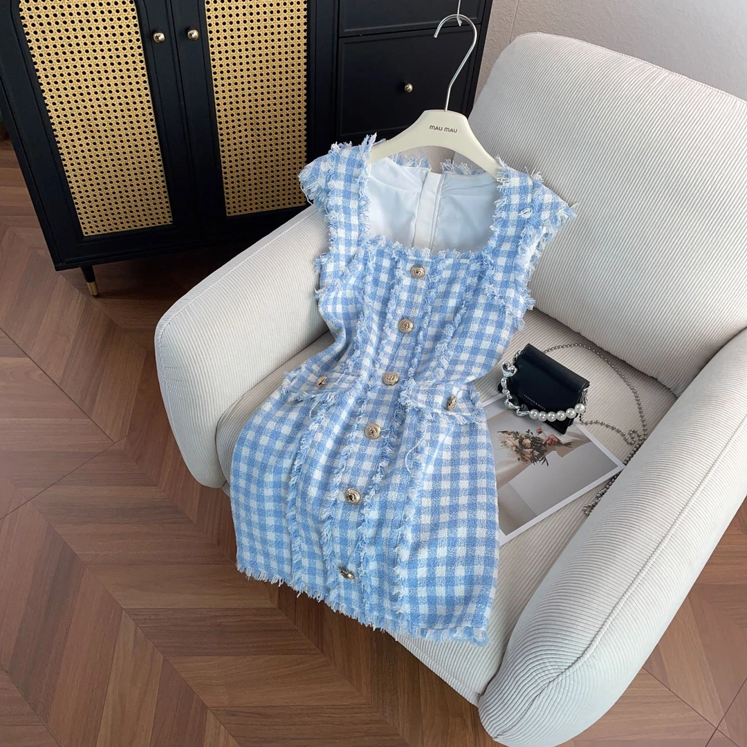 小个子毛边收腰包臀短裙子蓝白格纹小香风连衣裙女DY4282