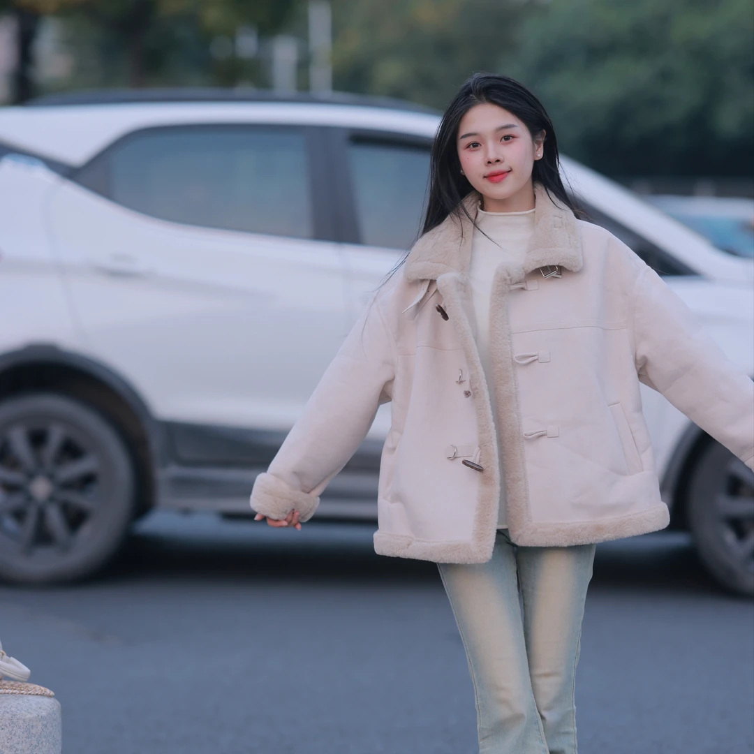 小文【苏打饼干】秋冬新款短外套皮毛一体麂皮慵懒风高级感保暖外套