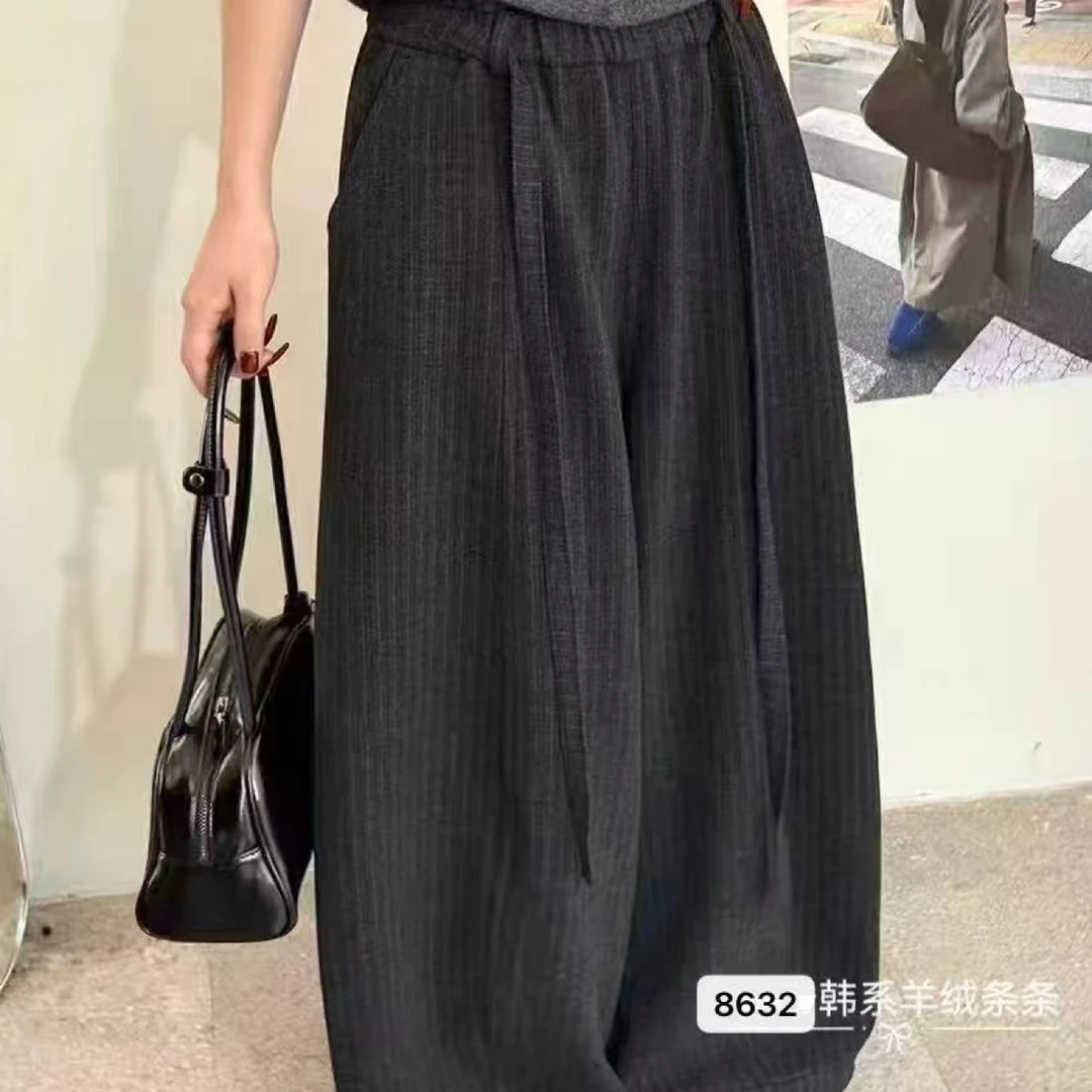 冬季新款韩版条纹时尚羊绒阔腿裤女加绒加厚百搭洋气气球裤潮