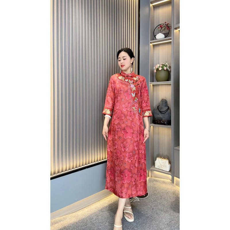 婉容YJ1155妈妈装中式国风盘扣优雅气质复古遮肉连衣裙