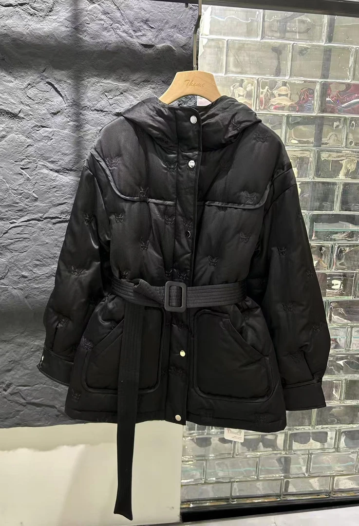 2227-33502 韩版休闲鹅绒收腰带女士桑蚕丝外套鹅绒服