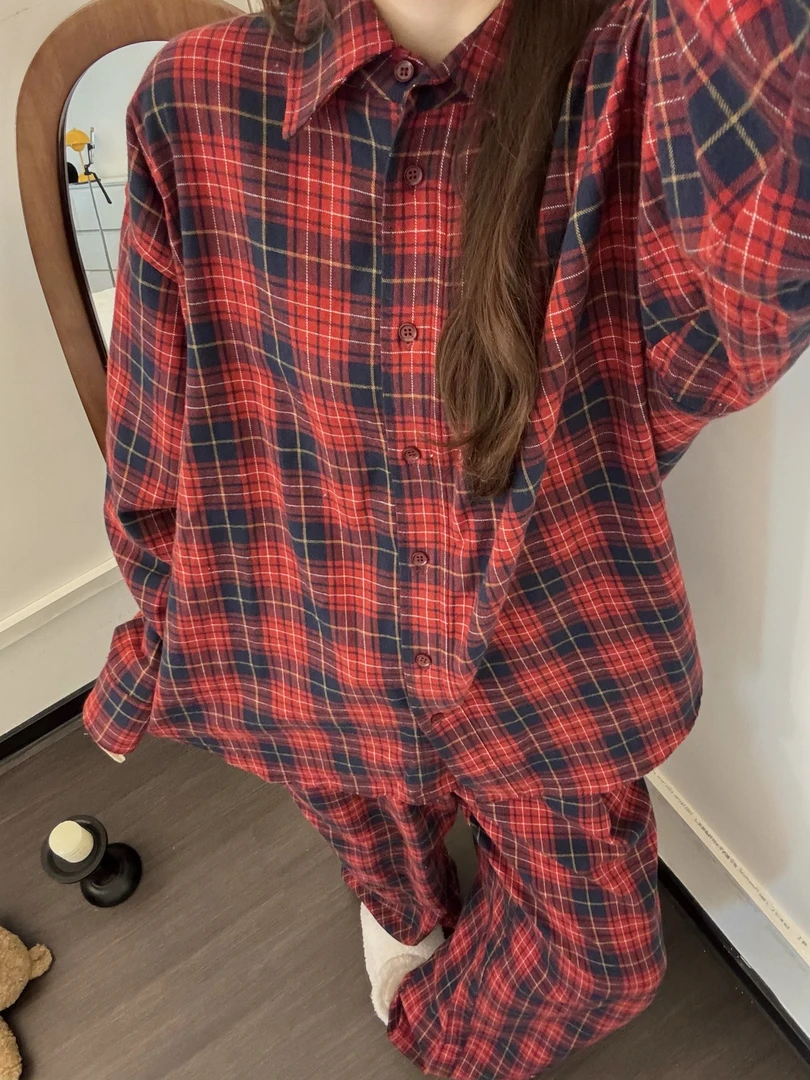 【DMXJ大梦想家】韩系复古撞色格纹翻领睡衣春秋女新款家居服套装女