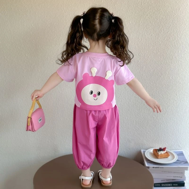 女童夏季套装2025新款儿童卡通短袖t恤防蚊裤洋气宝宝薄款两件套