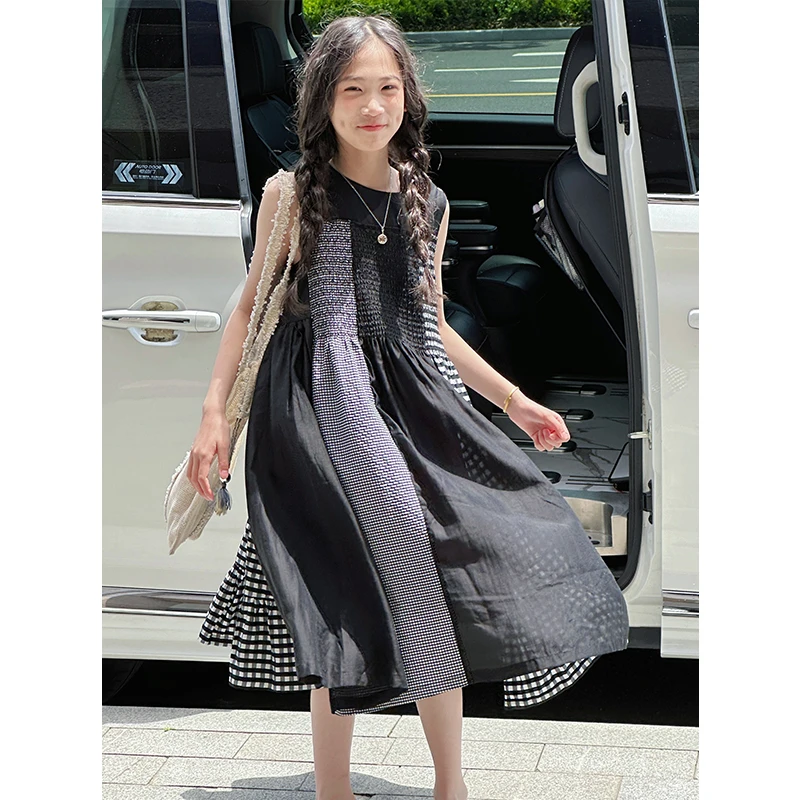 K28758三拼格纹女童夏装连衣裙2025新款儿童背心裙子洋气气质长裙
