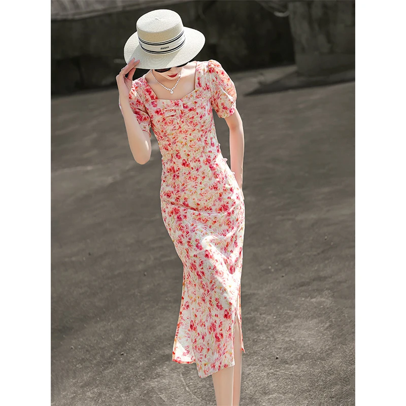 MEXCOCO/兰瑟儿2025夏季新款气质方领修身印花连衣裙女105XL2571