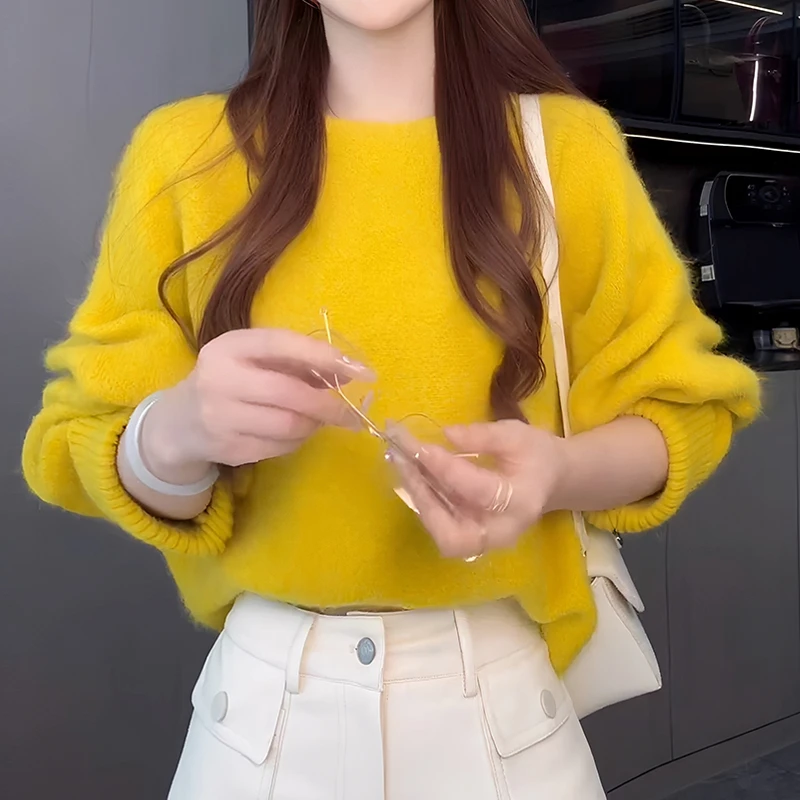 韩版多巴胺穿搭彩色圆领针织衫女春秋2025新款宽松慵懒感软糯毛衣