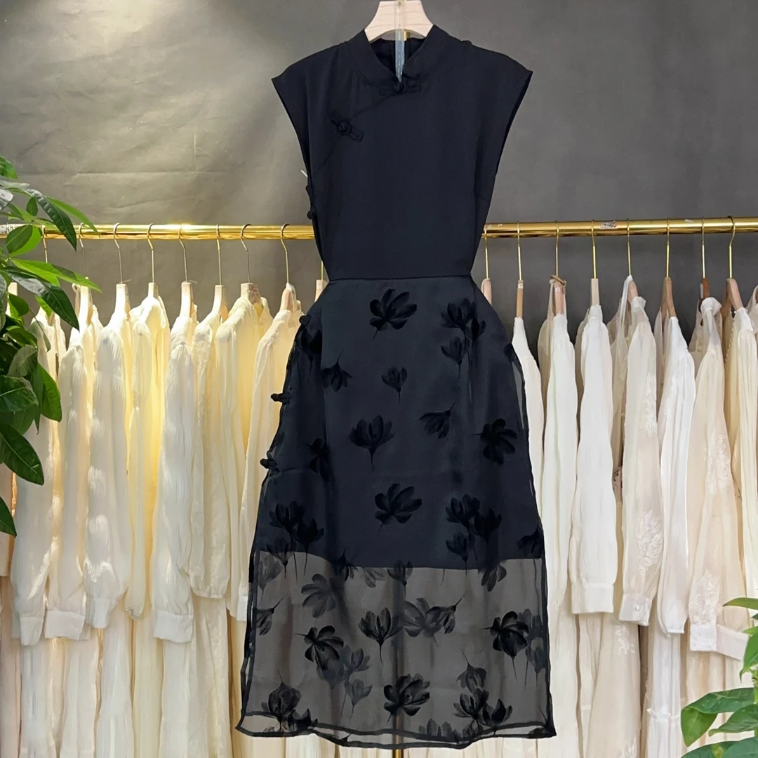 K2219国风提花民族风镂空高腰夏季显瘦植物花卉连衣裙