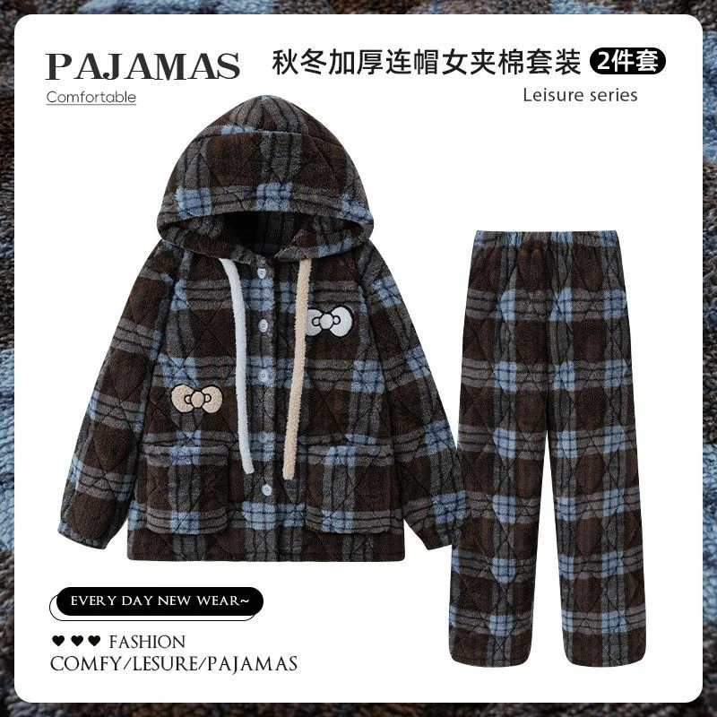 加绒加厚三层夹棉冬季睡衣女款2025年长毛绒珊瑚绒保暖连帽家居服