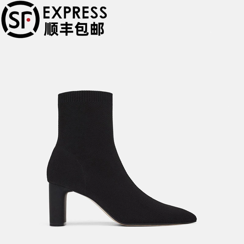 秋冬黑色弹力瘦瘦靴女高跟短靴针织靴子尖头中筒袜靴粗跟时尚女士