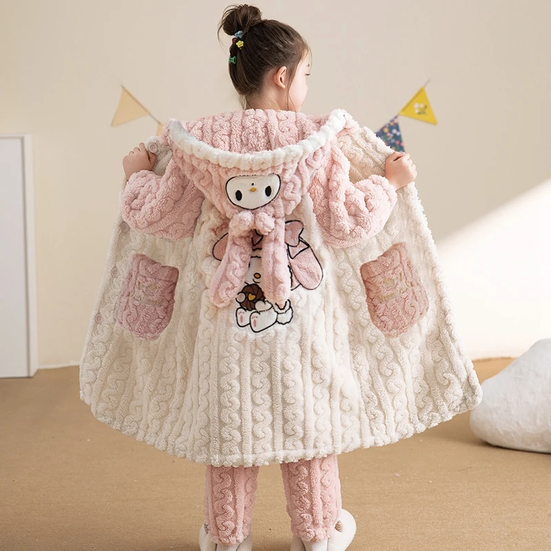 儿童珊瑚绒睡衣女童睡袍加厚款法兰绒小女孩中大童卡通家居服套装