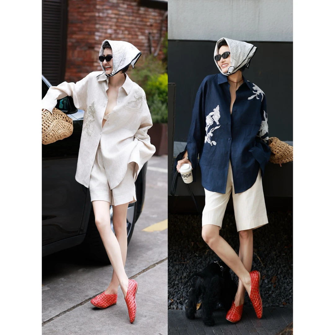 【春雨】进口亚麻珠翠重工刺绣衬衫 亚麻短裤