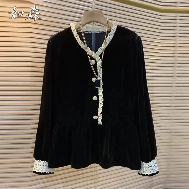 2025春秋新款法式丝绒拼接花边胖MM大码女装气质时尚显瘦T恤小衫