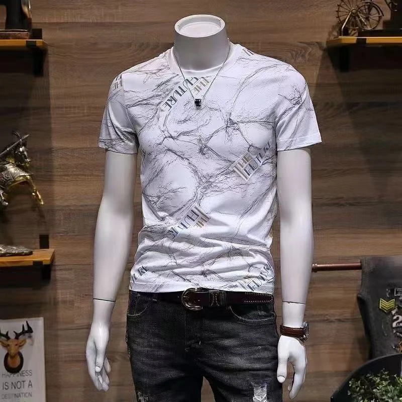 2025新款男士短袖t恤韩版潮流修身个性百搭印花帅气半袖体恤男潮