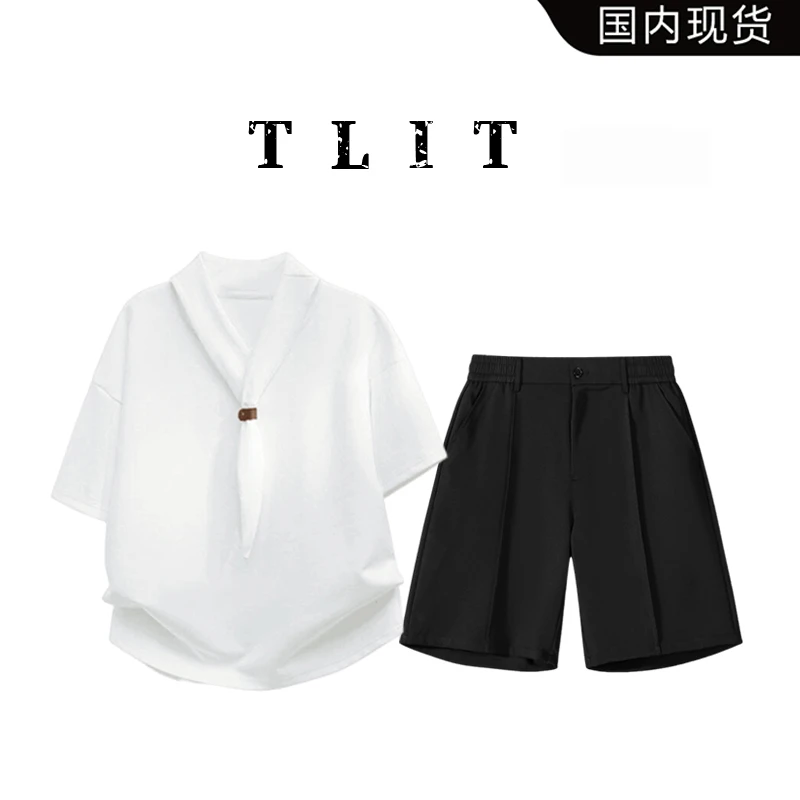 【品牌现货】TLIT韩系小众领带纯色圆领短袖t恤夏季高级感休闲套装
