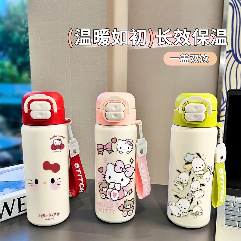 果盈少女款可爱卡通保温杯双饮口二合一弹盖不锈钢水杯吸管杯挂绳
