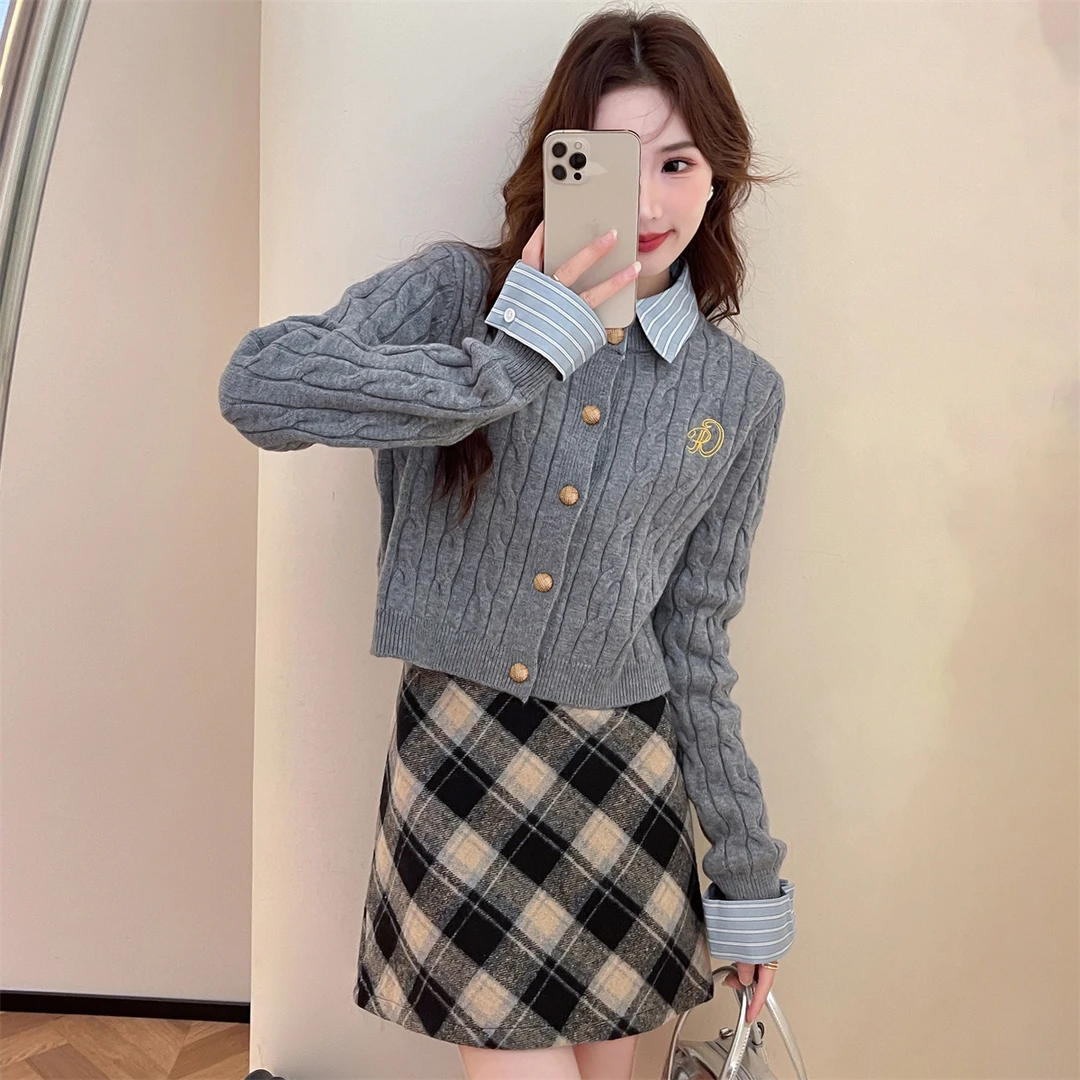 tonlion/唐狮 拼接梭织布绞花小刺绣开衫