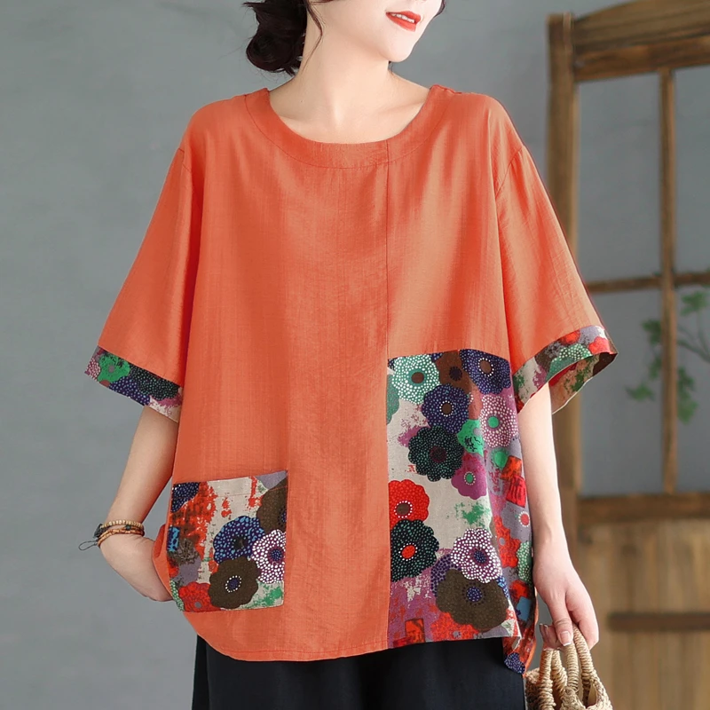 2025夏季胖妹妹国风棉麻大码短袖t恤衫宽松百搭休闲拼接印花上衣