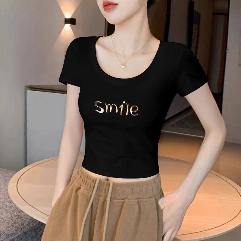 领白色短袖露脐恤女夏新款修身大领口露锁骨高腰短款上衣潮