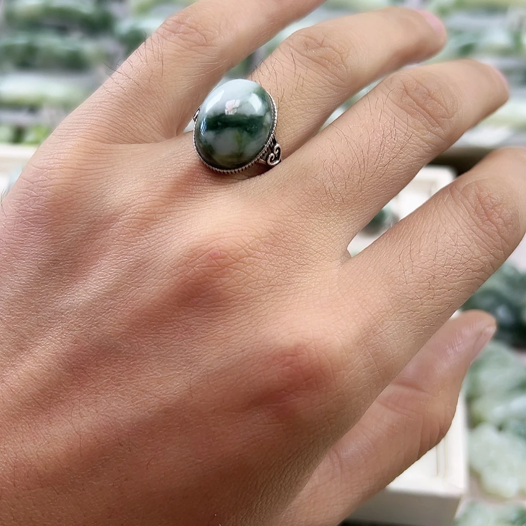 蛇纹石玉银S925镶嵌戒指