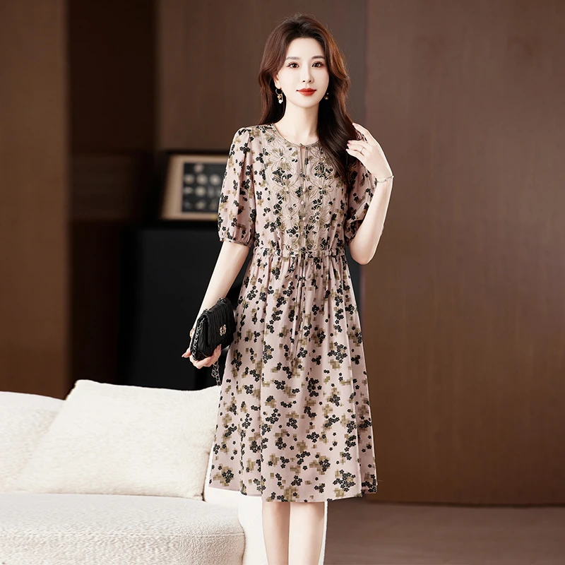 柏菲妮真丝桑蚕丝碎花夏季短袖微胖连衣裙中长款裙子宽松遮肚洋气