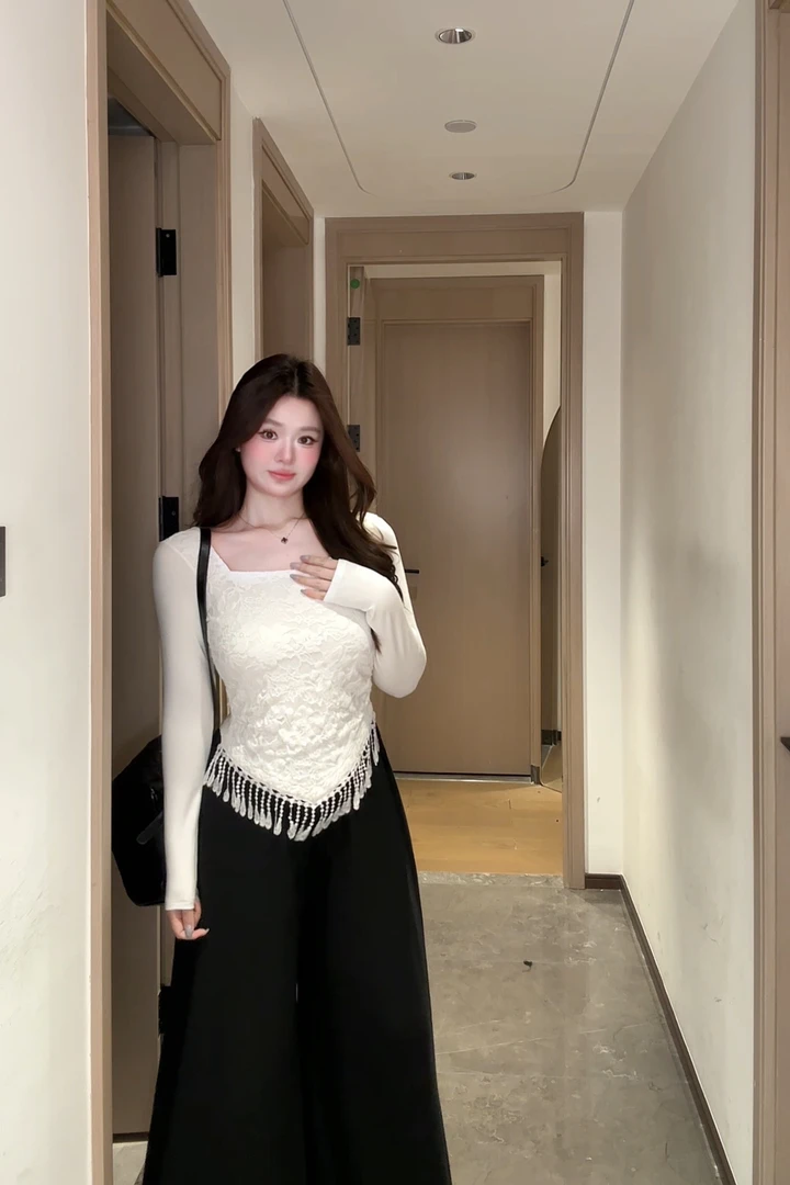 微胖mm法式别致流苏提花设计感上衣长袖女初秋打底衫气质修身显瘦