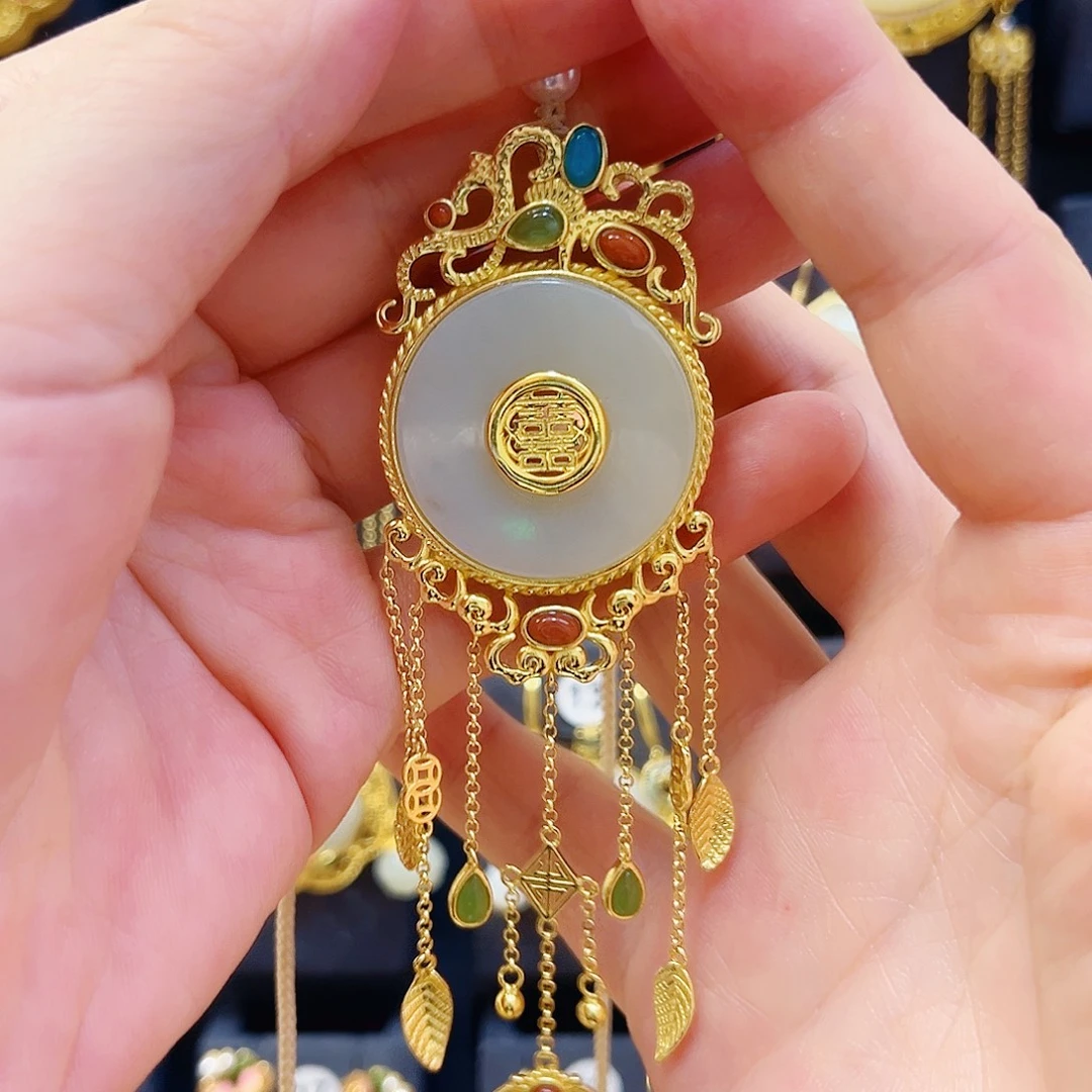 和田玉银S925镀金镶嵌颈饰