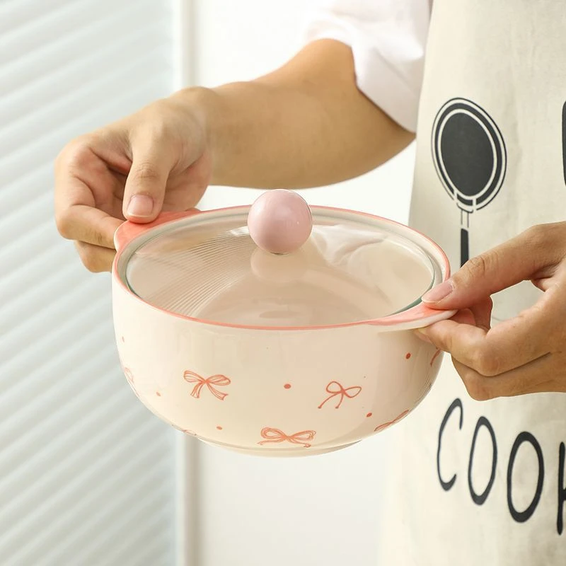 高颜值泡面碗带盖大容量大号汤面碗宿舍学生个人专用碗陶瓷双耳碗