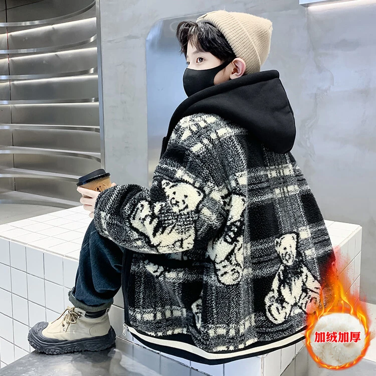 男童加绒外套加厚棉袄儿童帅气冬季中大童男孩洋气冬装时尚羊羔绒