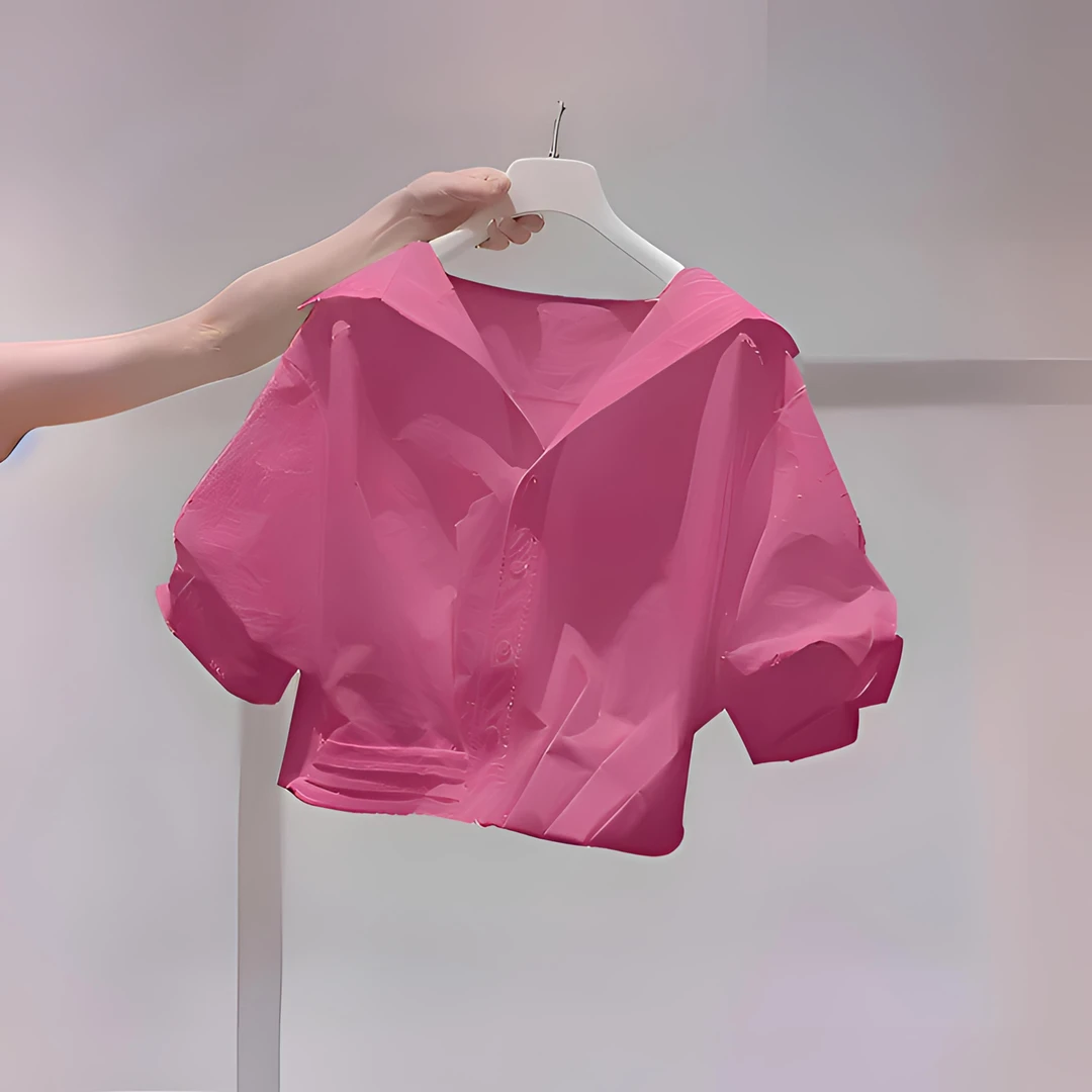 巨好看树莓粉翻领泡泡袖衬衫女夏季爆款ins风宽松多巴胺短款衬衣