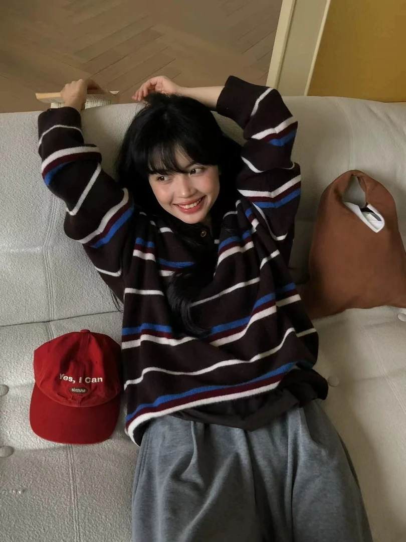 韩国2025秋冬新款长袖polo领休闲撞色条纹针织衫外套复古毛衣上衣