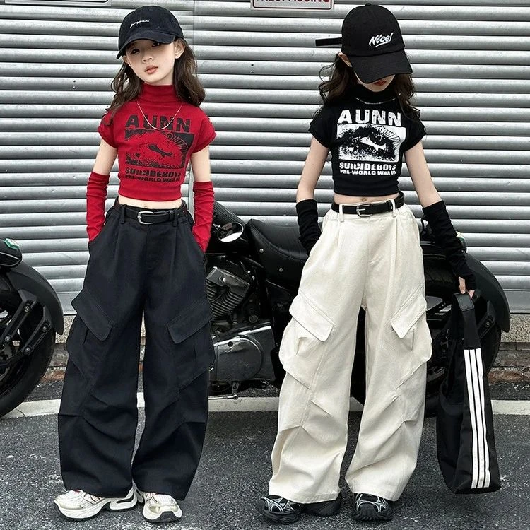 女童春装套装2025新款儿童洋气时髦断袖打底衫中大童工装裤两件套