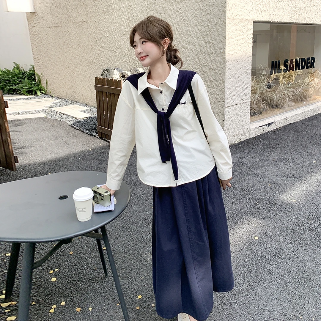 韩系初秋学院风穿搭一整套女2025新款时尚感披肩衬衫半身裙两件套