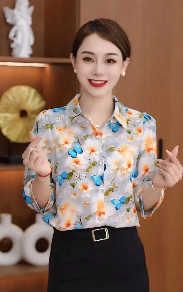 2025春季新款女装时尚洋气显瘦遮肉气质减龄花衬衣衬衫