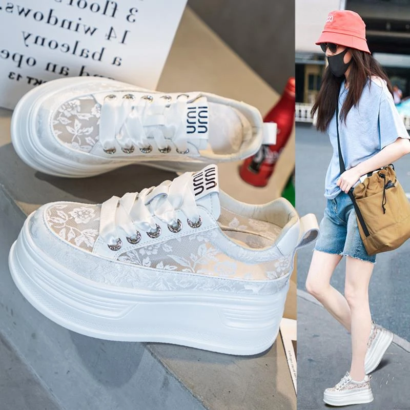 内增高小白鞋女生夏季薄款透气防滑网纱网松糕厚底小个子休闲板鞋