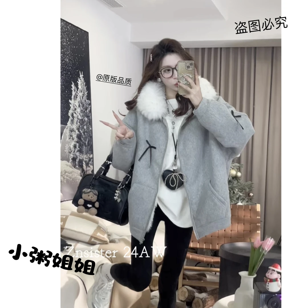 【XZCC】大毛领连帽外套女秋冬季加绒加厚慵懒风宽松休闲卫衣