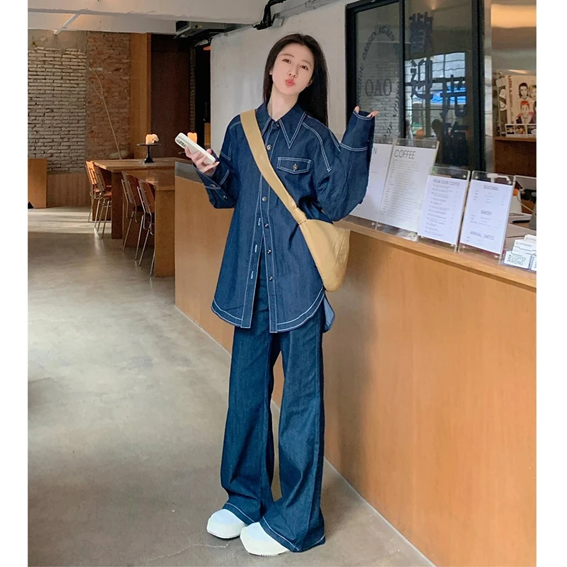 蓝色牛仔套装女初秋复古港风时尚宽松洋气百搭衬衫网红牛仔套装