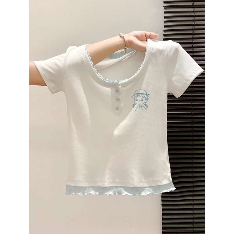 撞色u领正肩短袖t恤女夏季2025新款设计感小众修身显瘦百搭上衣潮