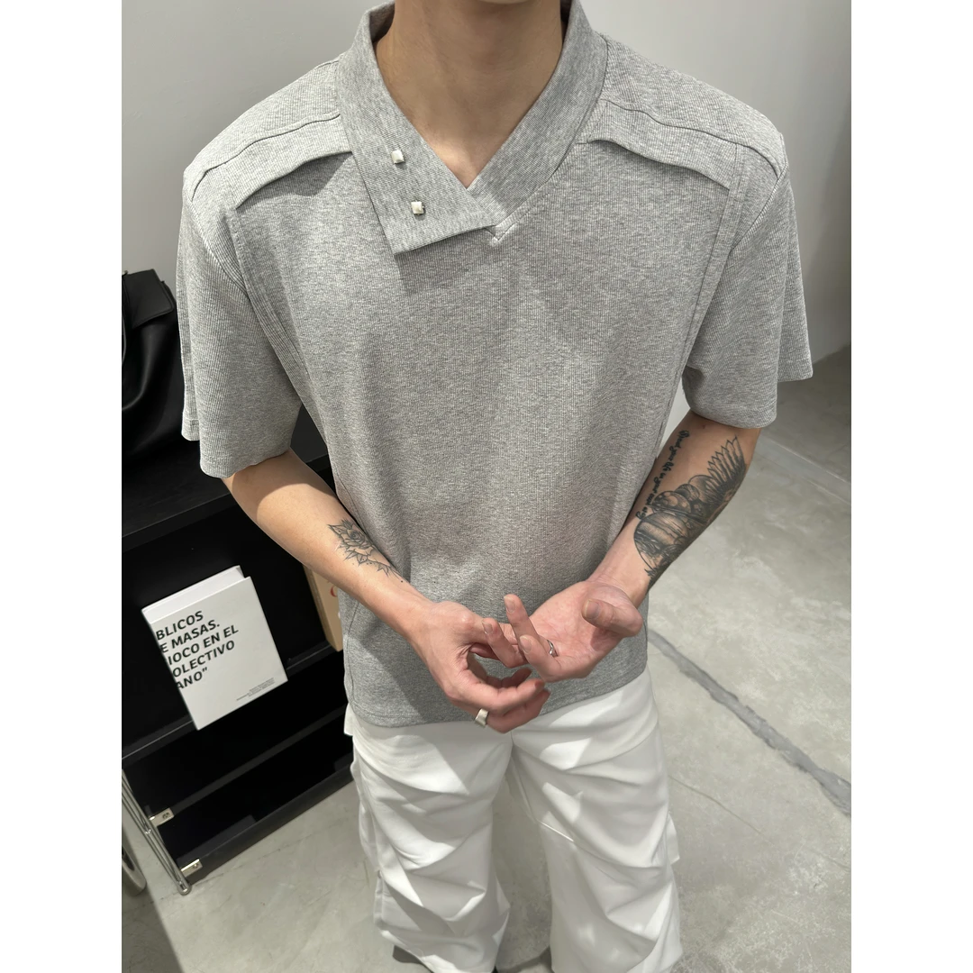 H TONIC 美式凉感透气不规则立领针织打底T恤短袖男生上衣基础款