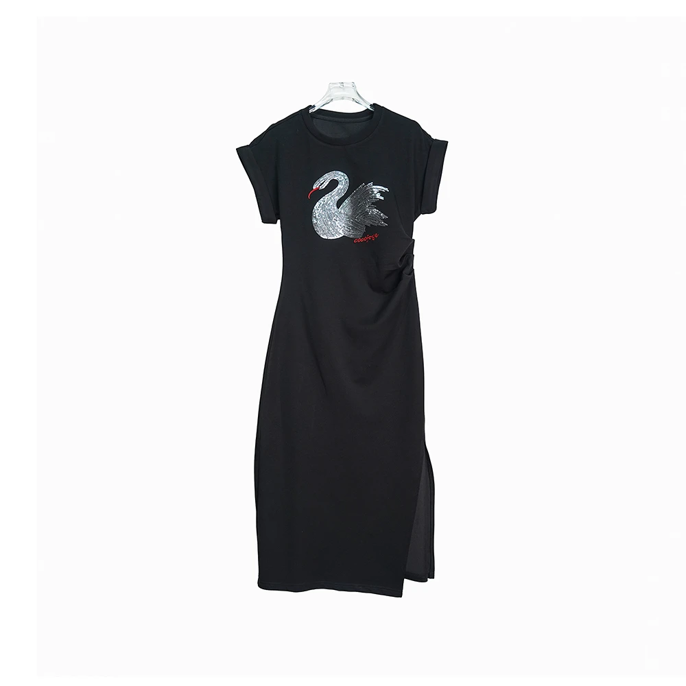 莫西世家X2451-1复古港风黑色收褶设计显瘦连衣裙