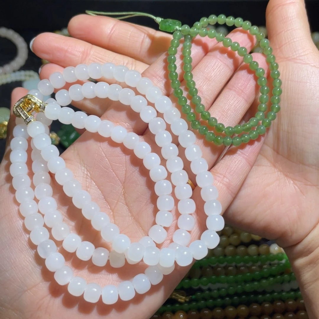 和田玉白玉108+碧玉手机挂未镶嵌小*松